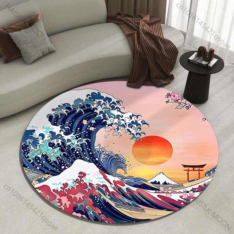 Japanese Home Textiles - Retro Japanese Kanagawa Waves Print Round